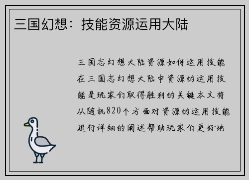 三国幻想：技能资源运用大陆